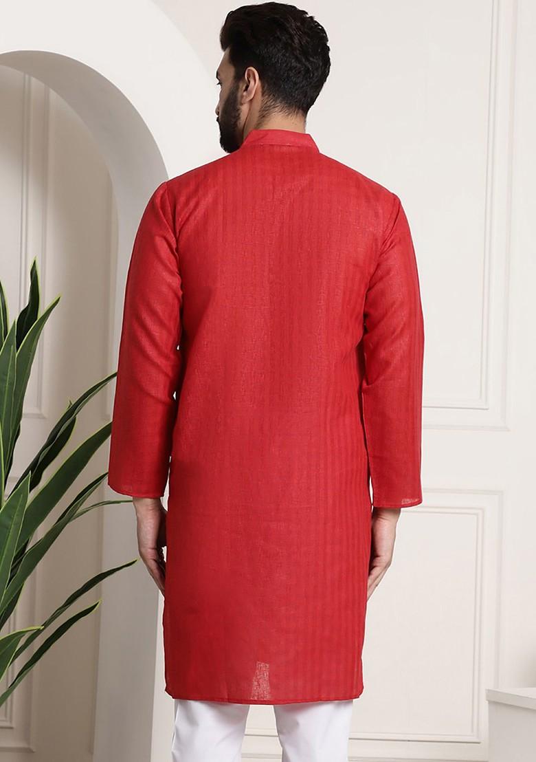 Red Checked Poly Blend Kurta For Men