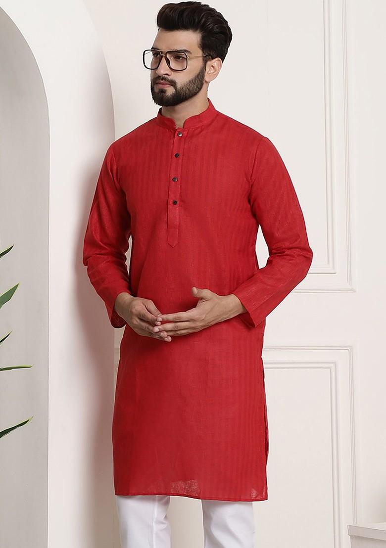 Red Checked Poly Blend Kurta For Men