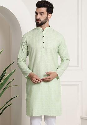 Green Checked Poly Blend Kurta For Men