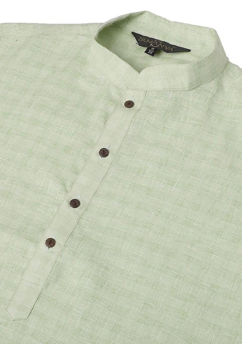 Green Checked Poly Blend Kurta For Men