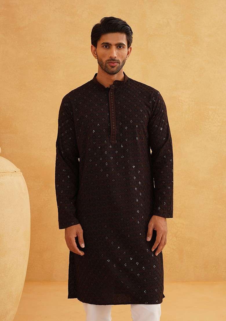 Coffee Brown Embroidered Cotton Kurta For Men - Indya