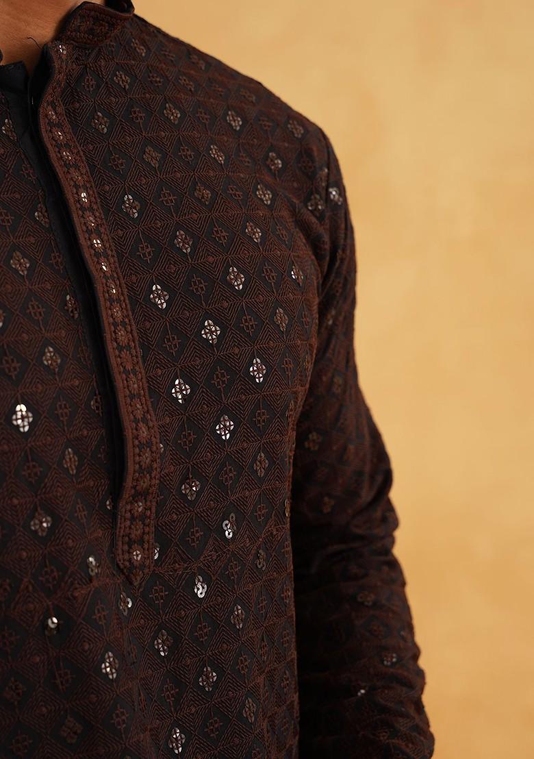 Coffee Brown Embroidered Cotton Kurta For Men