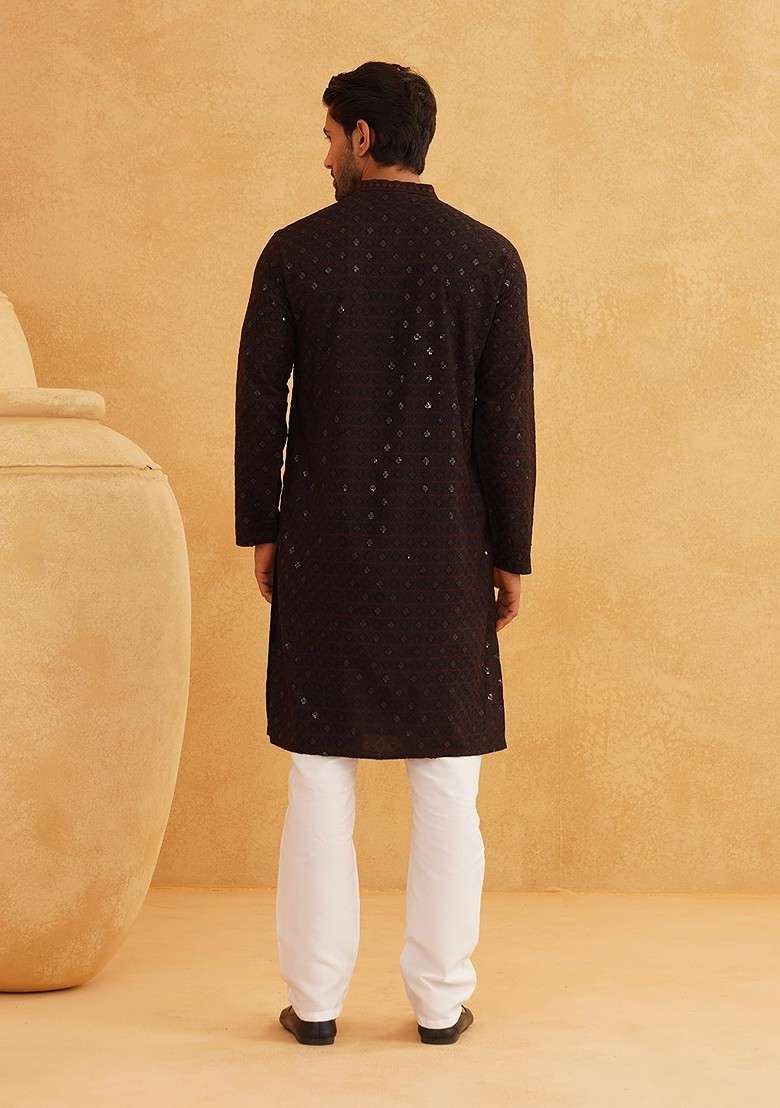 Coffee Brown Embroidered Cotton Kurta For Men - Indya