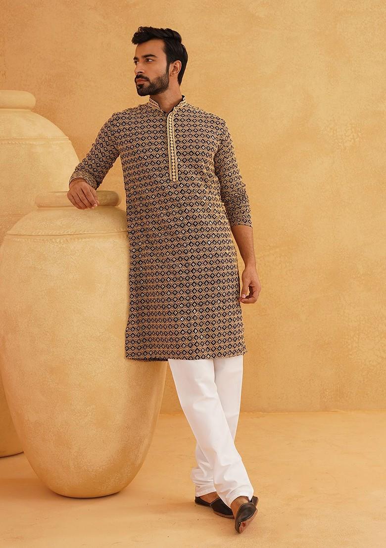 Gold Embroidered Cotton Kurta For Men