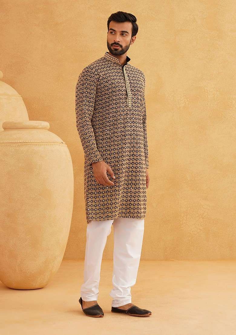Gold Embroidered Cotton Kurta For Men - Indya