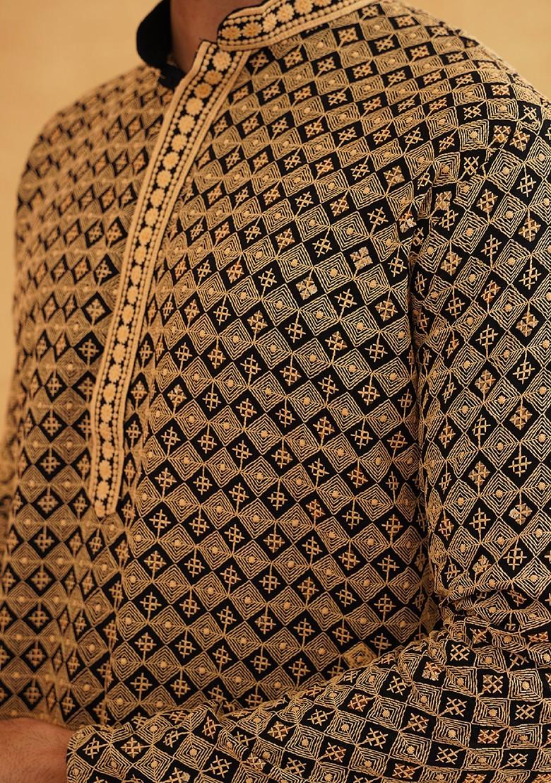 Gold Embroidered Cotton Kurta For Men