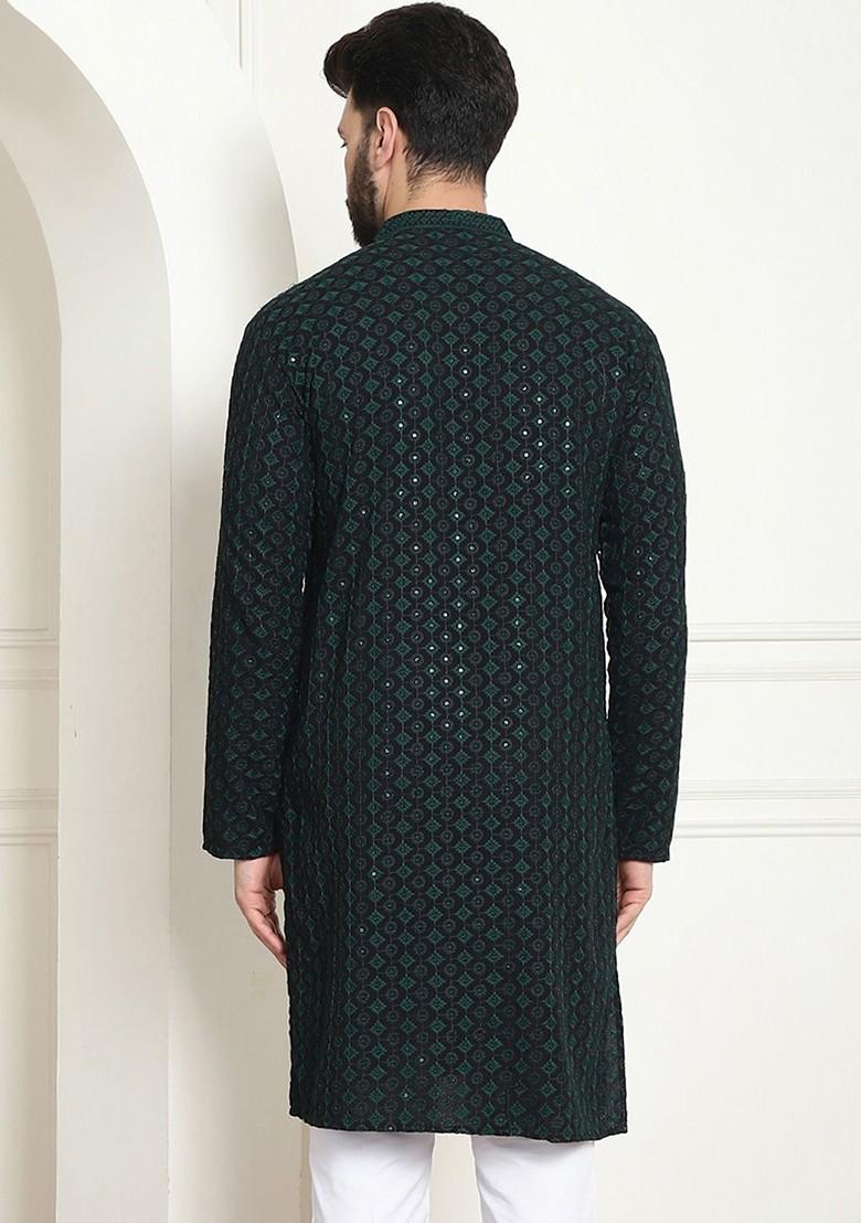 Green Embroidered Cotton Kurta For Men