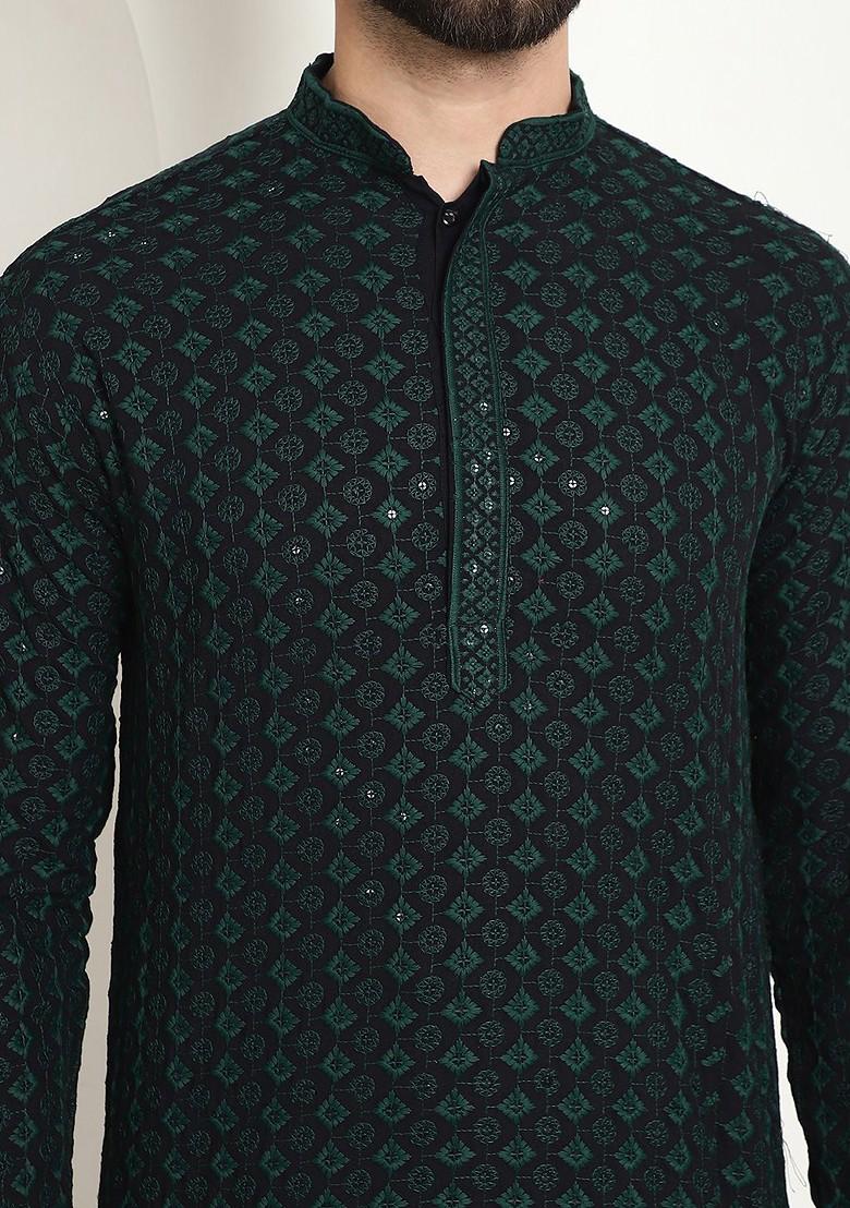 Green Embroidered Cotton Kurta For Men