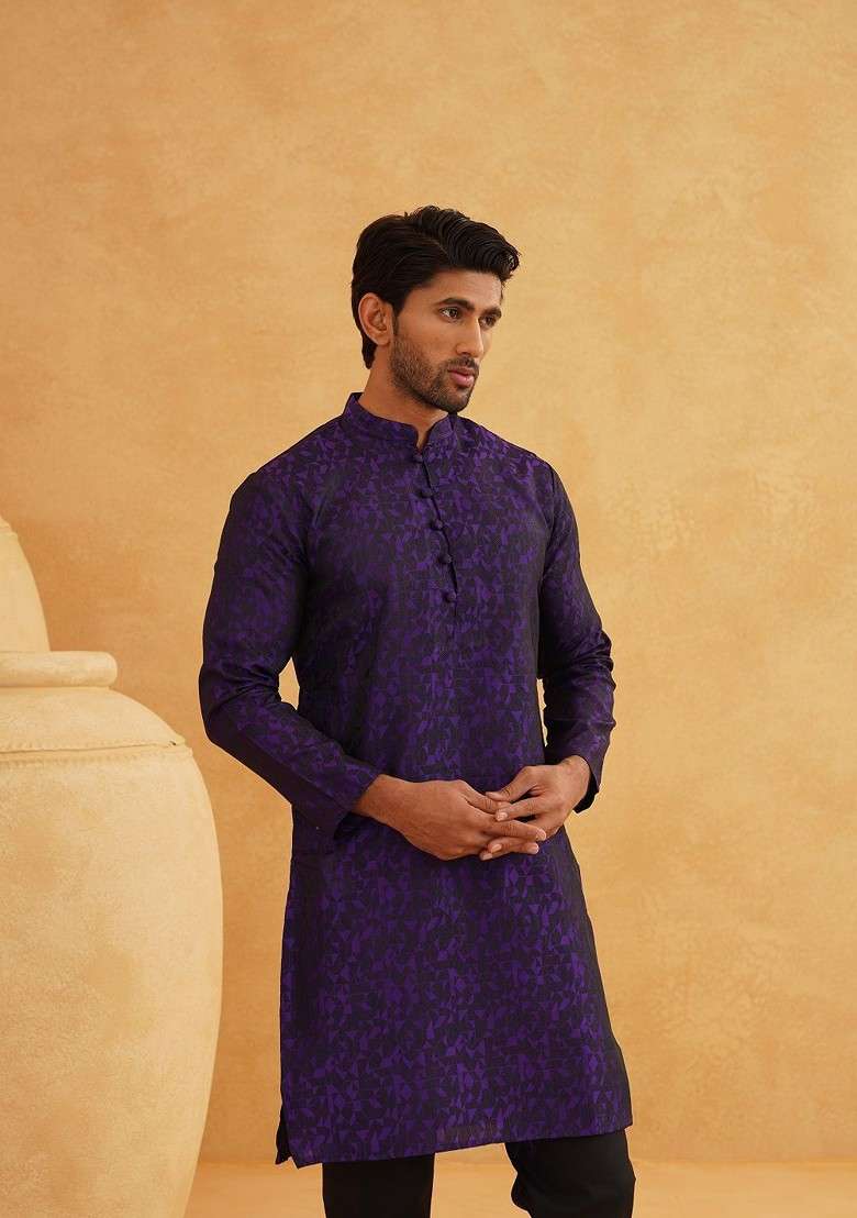 Violet Printed Silk Blend Kurta For Men - Indya
