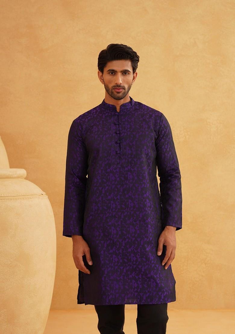Violet Printed Silk Kurta For Men
