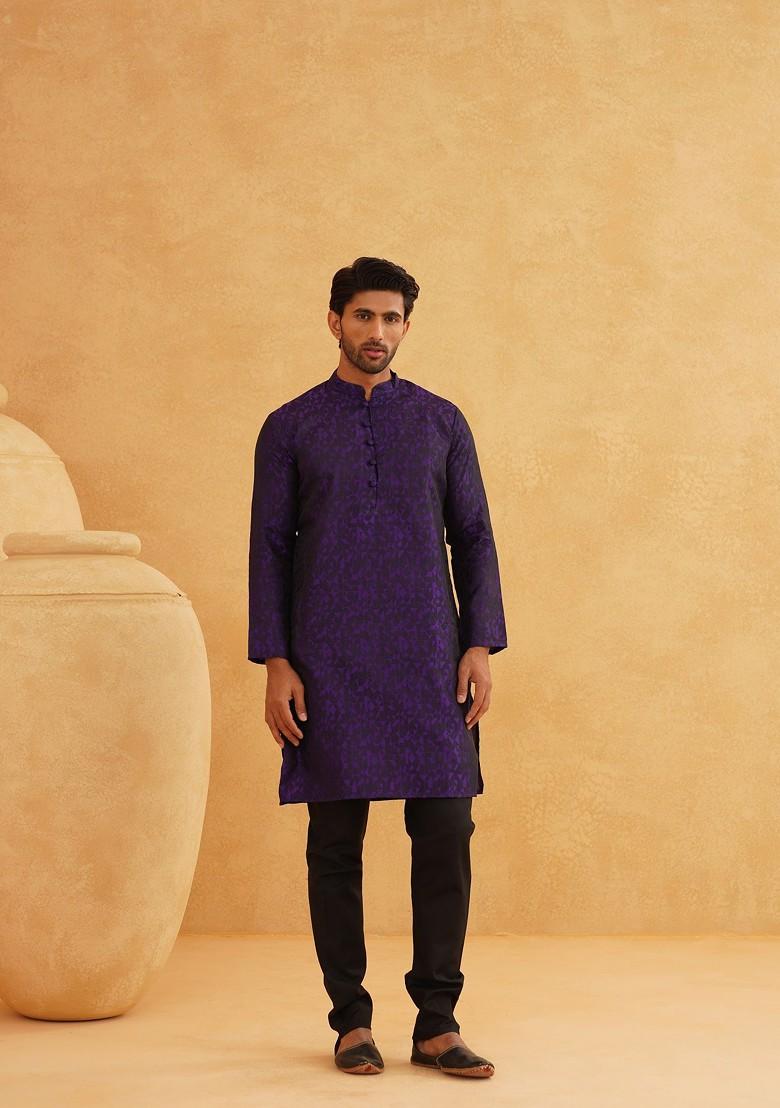 Violet Printed Silk Kurta For Men