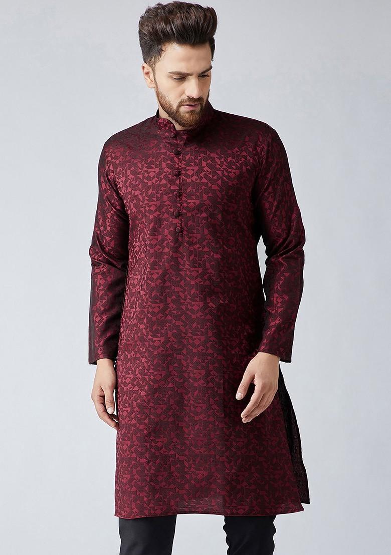 Maroon Woven Poly Blend Kurta For Men