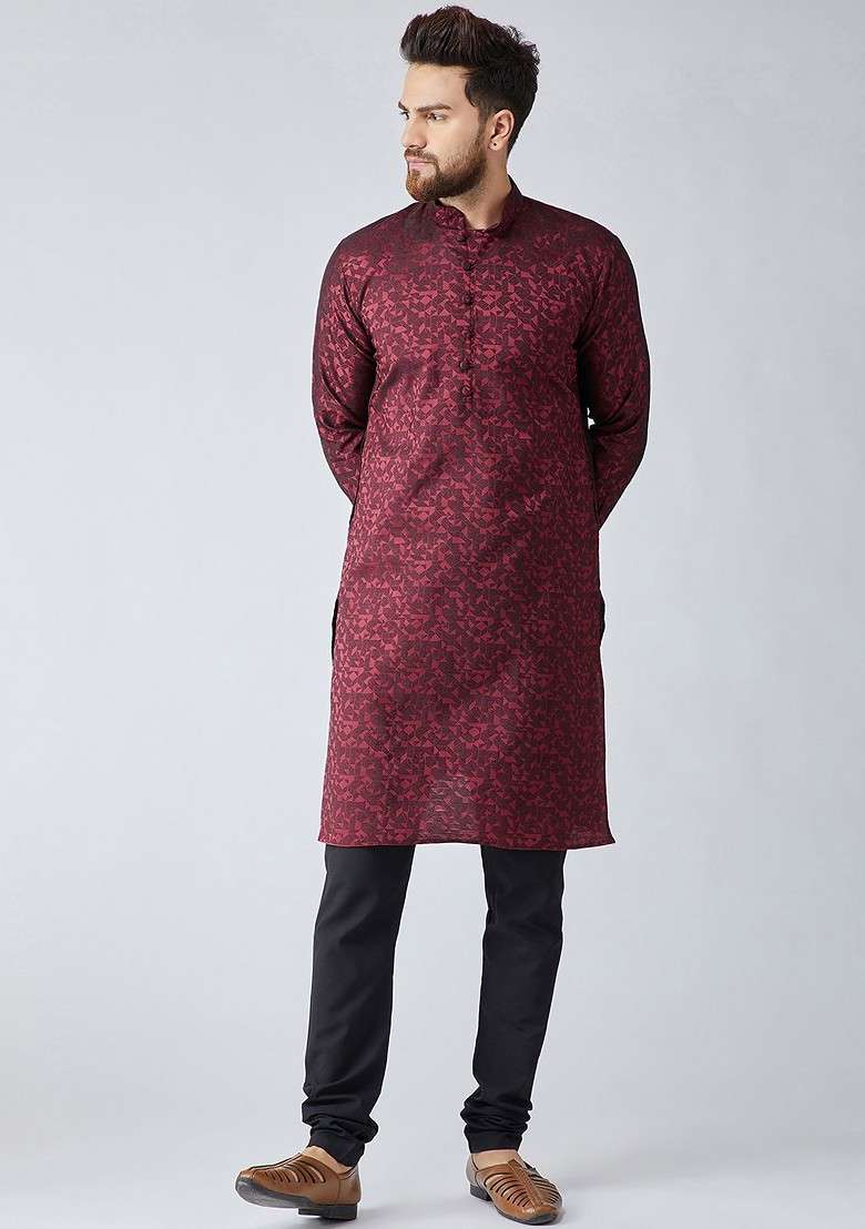 Maroon Woven Poly Blend Kurta For Men - Indya