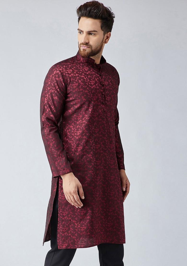 Maroon Woven Poly Blend Kurta For Men