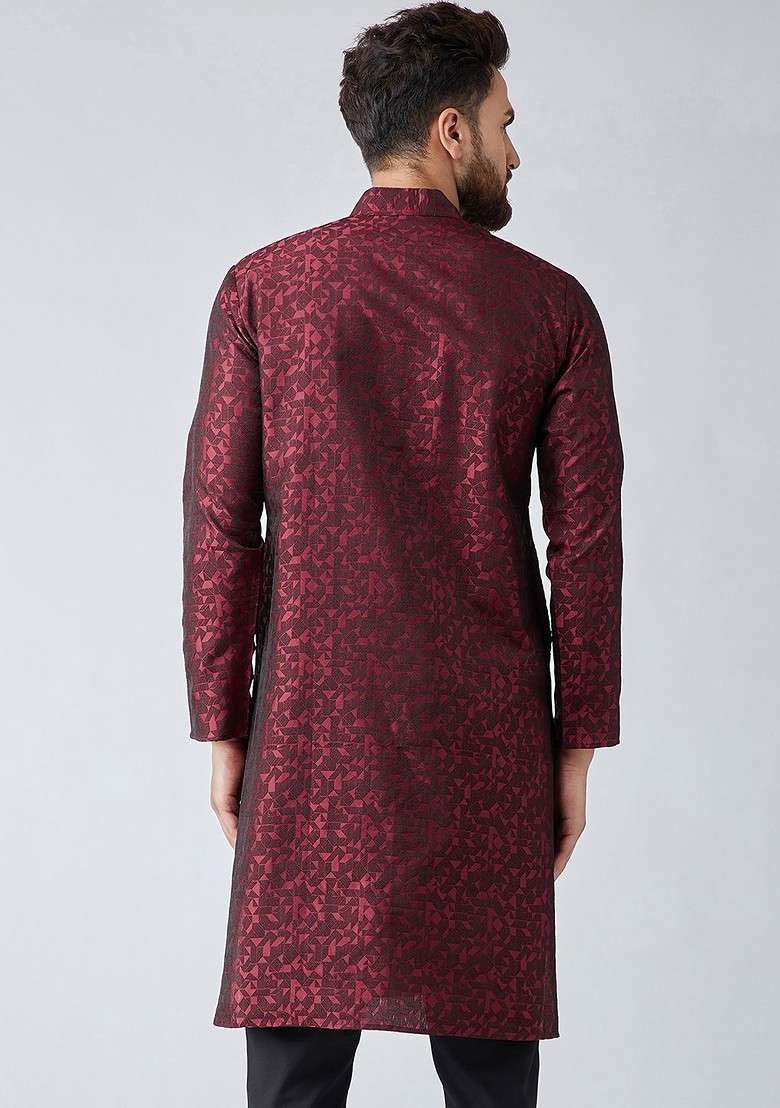 Maroon Woven Poly Blend Kurta For Men - Indya