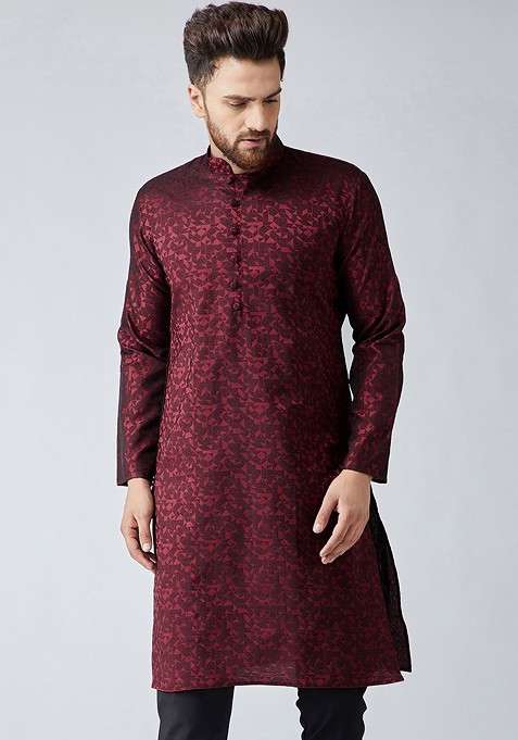 Maroon Woven Poly Blend Kurta For Men