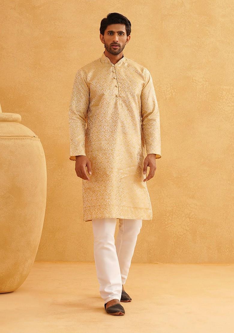 Gold Woven Poly Blend Kurta For Men