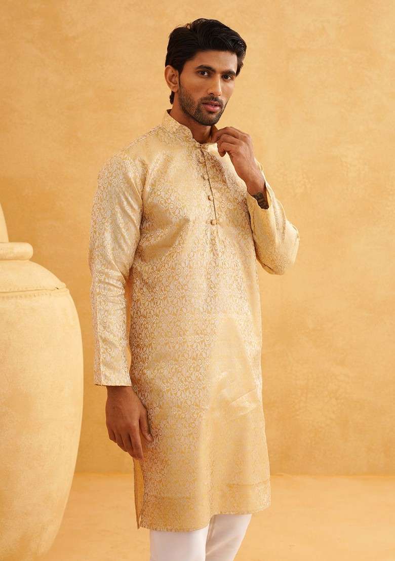 Gold Woven Poly Blend Kurta For Men - Indya