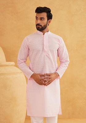 Pink Embroidered Poly Blend Kurta For Men