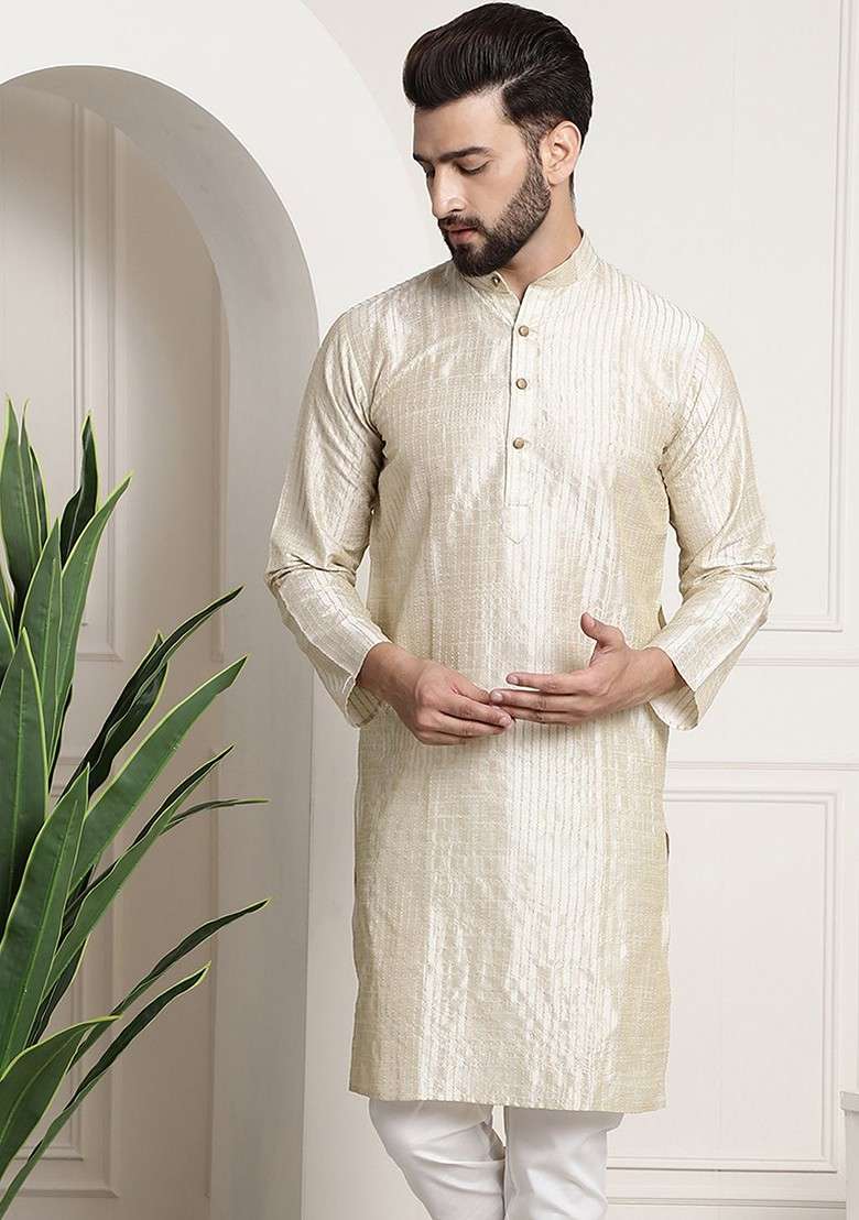 Cream Embroidered Cotton Kurta For Men - Indya