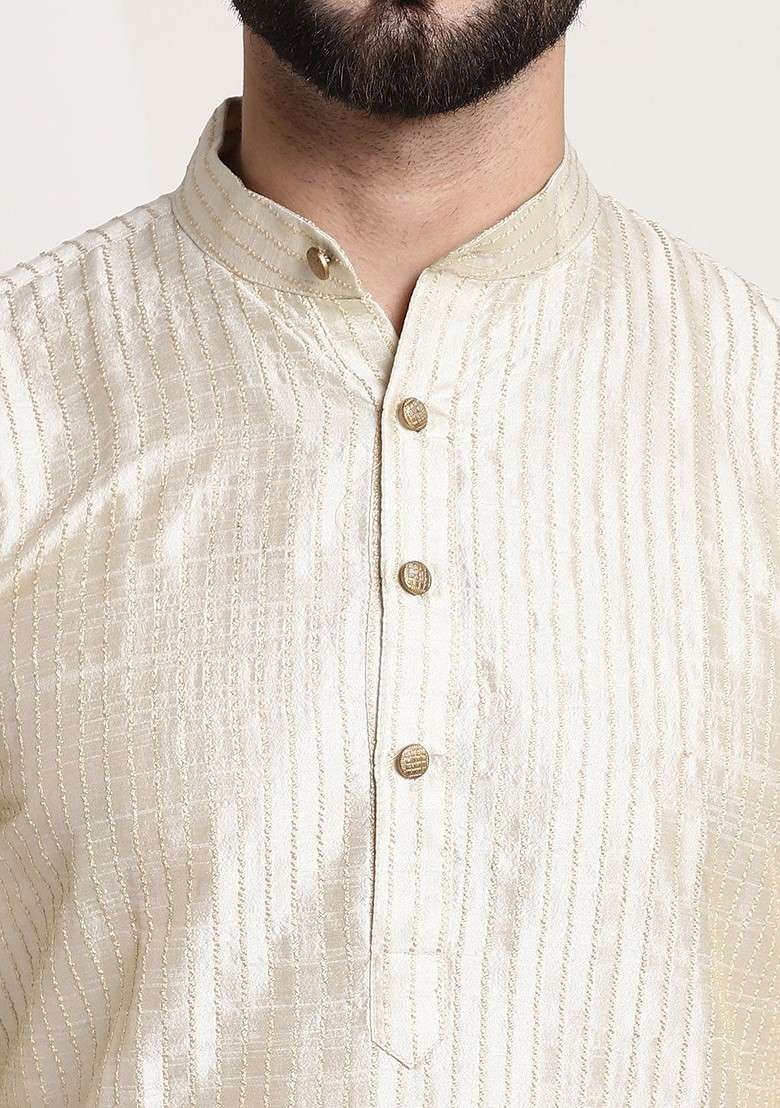 Cream Embroidered Cotton Kurta For Men - Indya