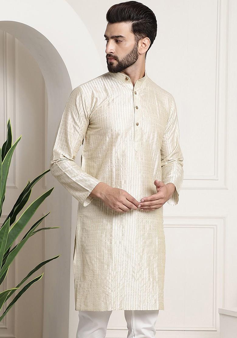 Cream Embroidered Cotton Kurta For Men