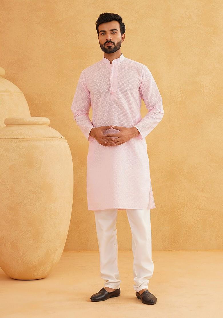 Pink Thread Work Cotton Kurta For Men
