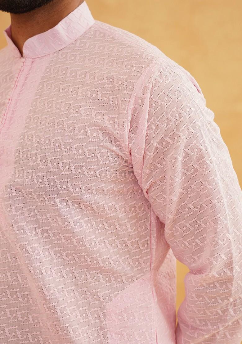 Pink Thread Work Cotton Kurta For Men