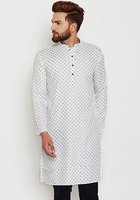 White Printed Poly Blend Kurta For Men