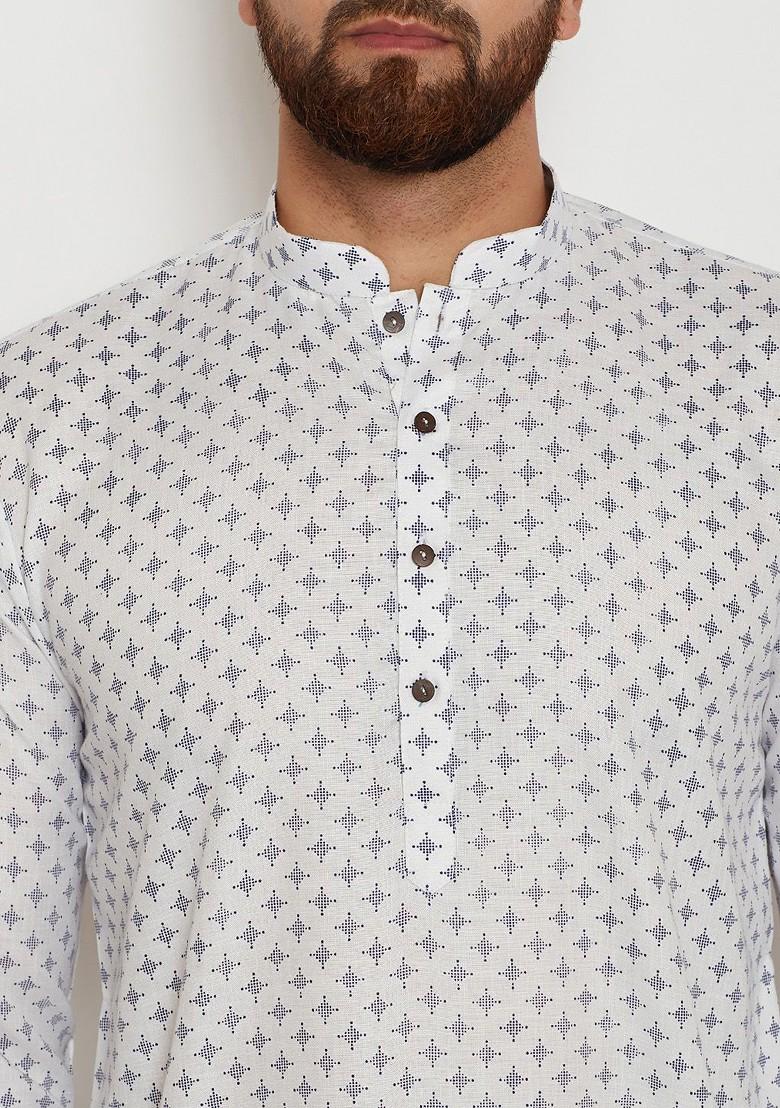 White Printed Poly Blend Kurta For Men