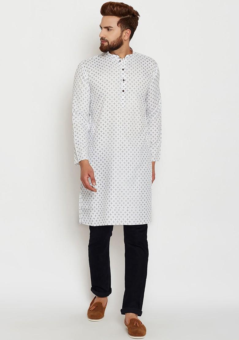 White Printed Poly Blend Kurta For Men