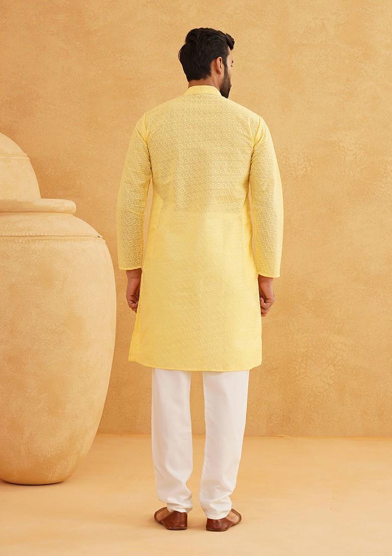 Yellow Embroidered Cotton Kurta For Men