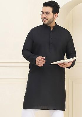 Black Solid Cotton Kurta For Men