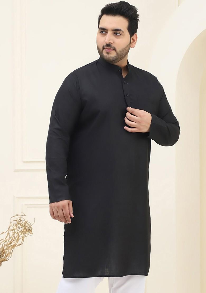 Black Solid Cotton Kurta For Men