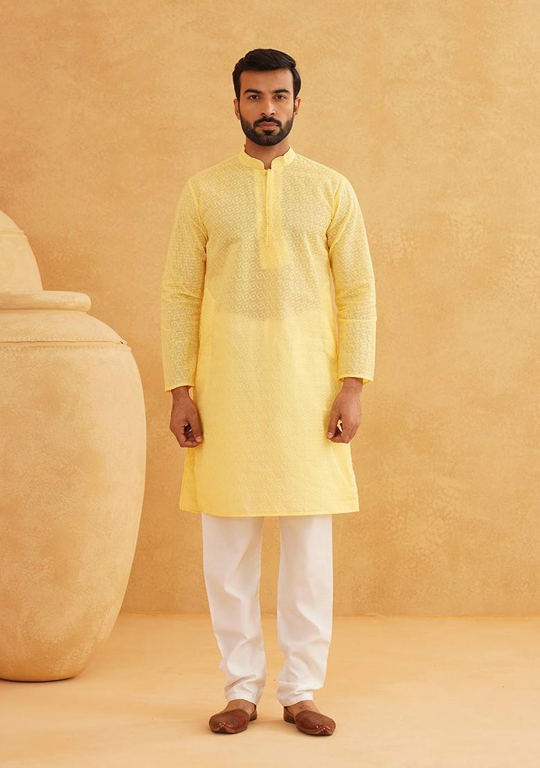 Yellow Embroidered Cotton Kurta For Men
