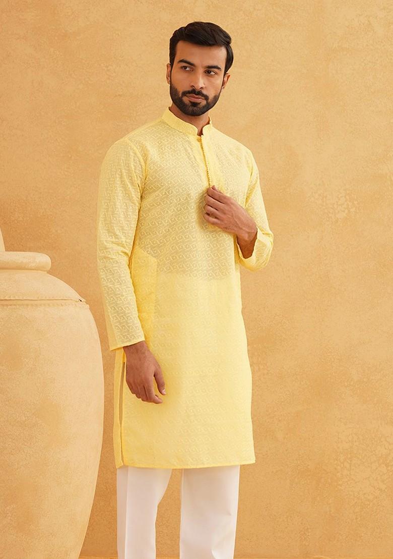 Yellow Embroidered Cotton Kurta For Men
