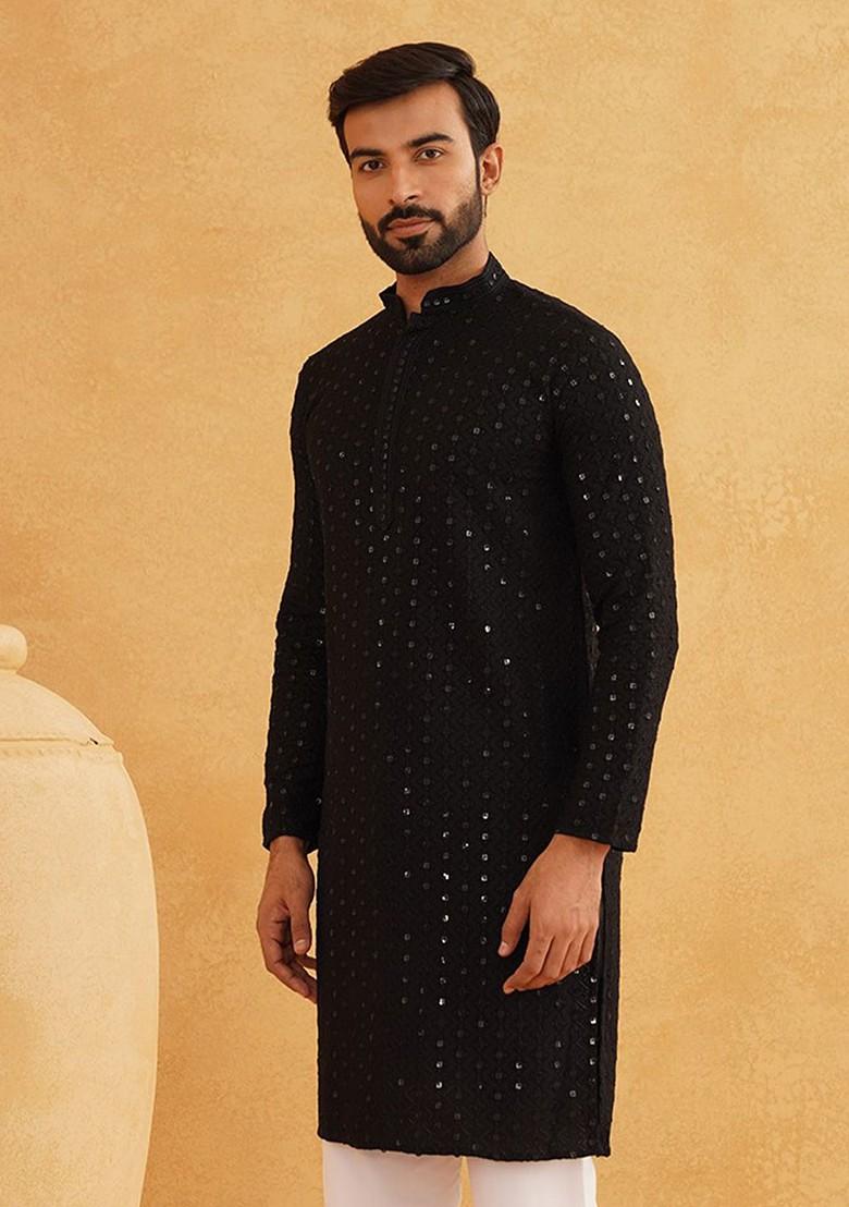 Black Embroidered Cotton Kurta For Men