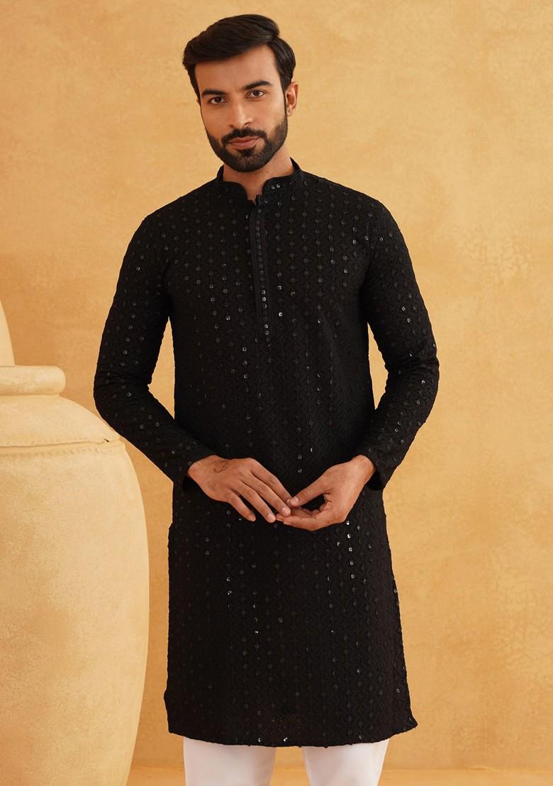Black Embroidered Cotton Kurta For Men