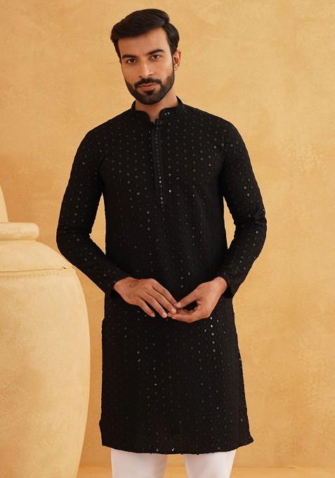Black Embroidered Cotton Kurta For Men