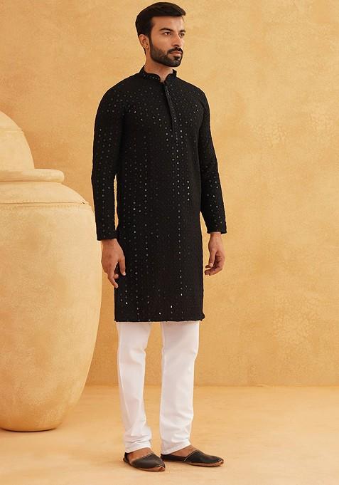 Black Embroidered Cotton Kurta For Men