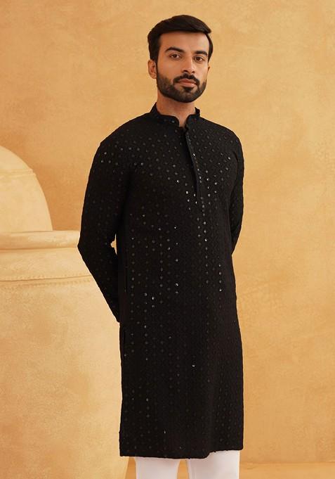 Black Embroidered Cotton Kurta For Men