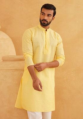 Yellow Embroidered Cotton Kurta For Men