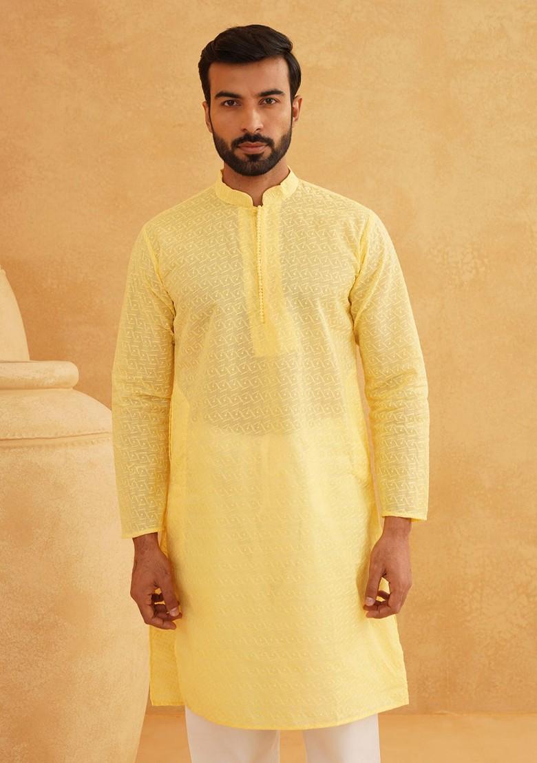 Yellow Embroidered Cotton Kurta For Men