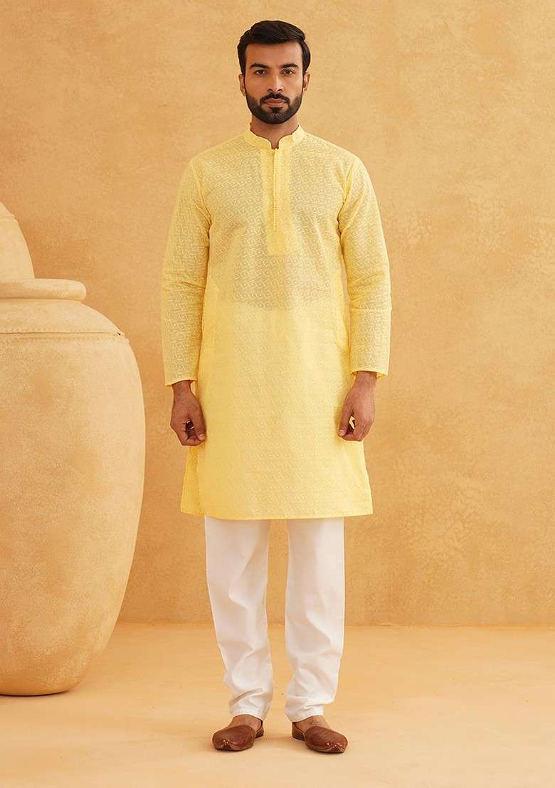 Yellow Embroidered Cotton Kurta For Men - Indya
