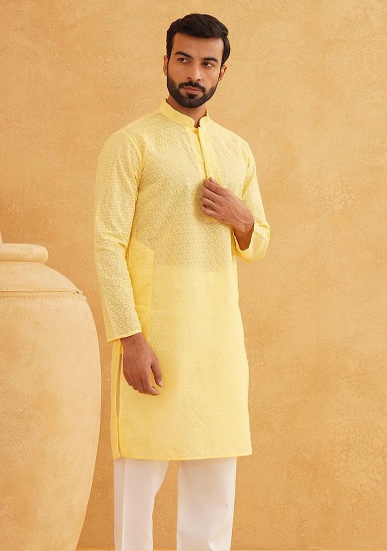 Yellow Embroidered Cotton Kurta For Men