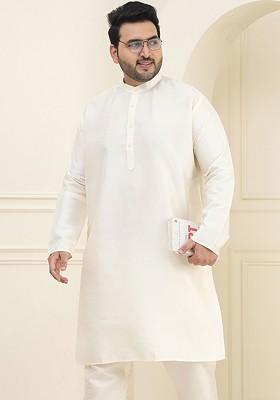 Off White Solid Poly Blend Kurta For Men