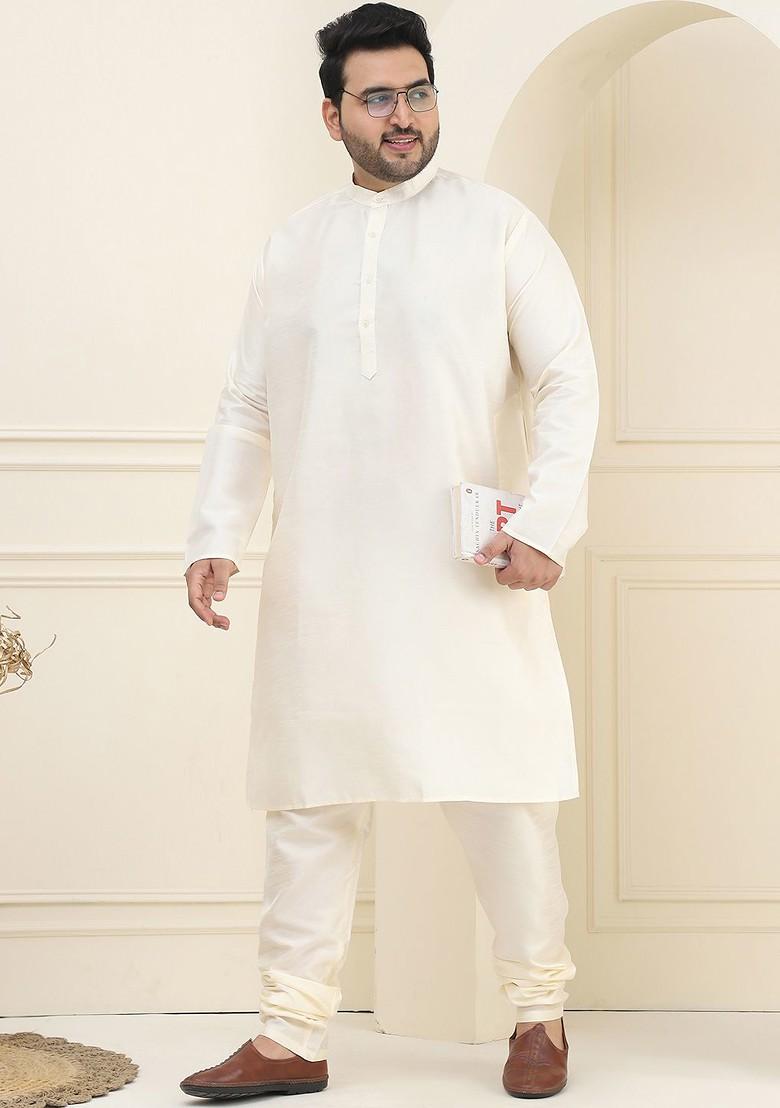 Off White Solid Poly Blend Kurta For Men