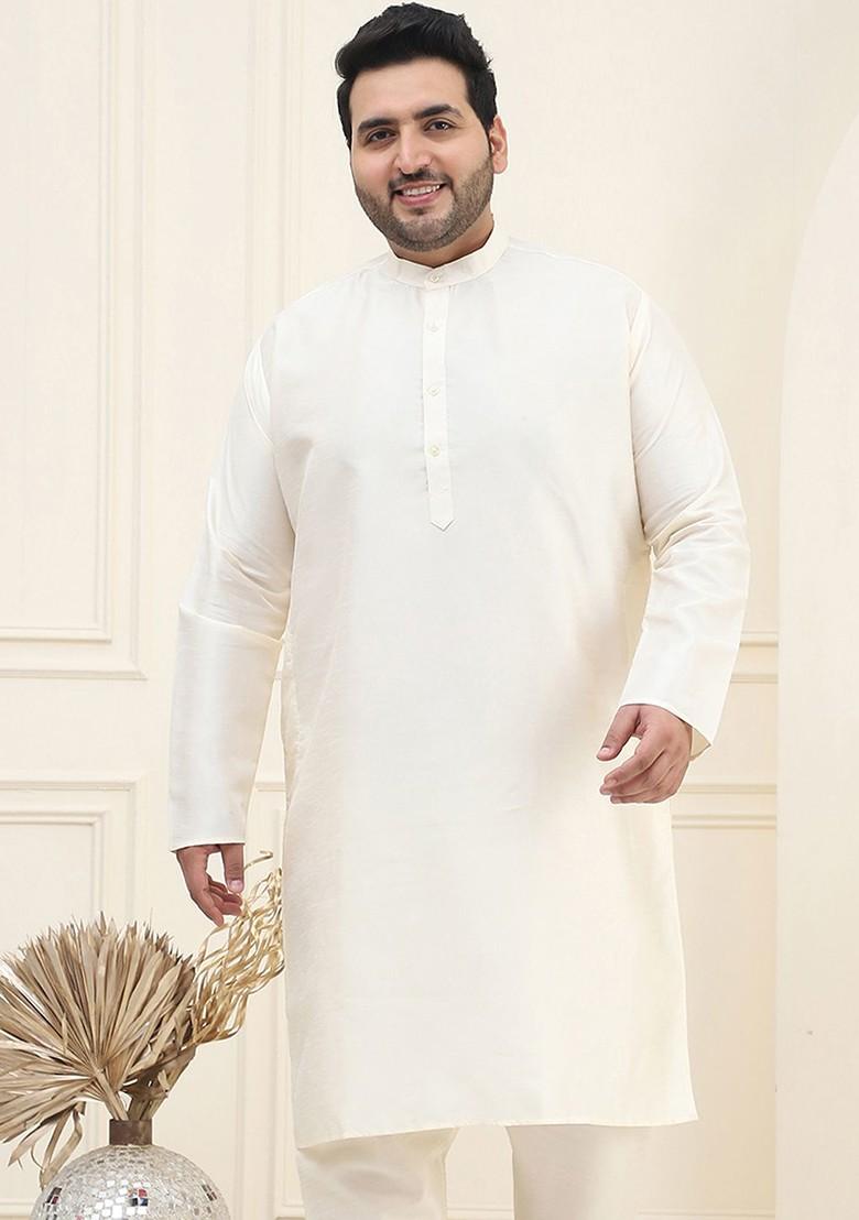 Off White Solid Poly Blend Kurta For Men