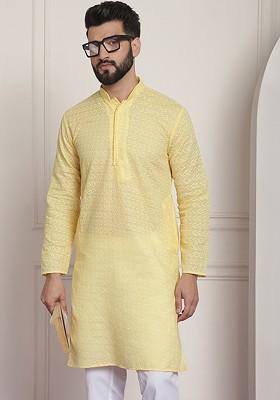 Yellow Thread Work Cotton Kurta For Men