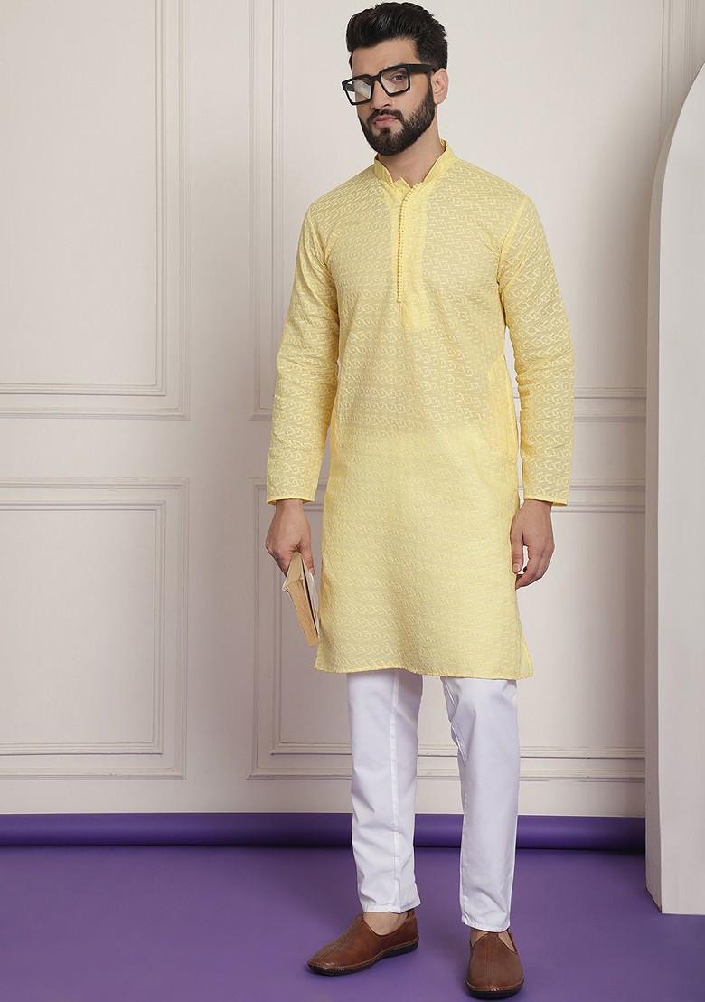 Yellow Thread Work Cotton Kurta For Men
